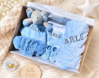 Manta con nombre para bebé, regalo para baby shower de niño, cesta azul bebé personalizada, set de regalo personalizado, manta para bebé, caja de regalo para recién nacido