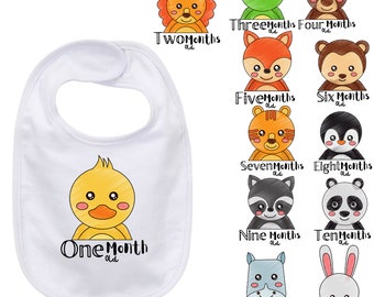 Milestone Baby Bibs boxed set of 12, Month by month animal baby bib gift set