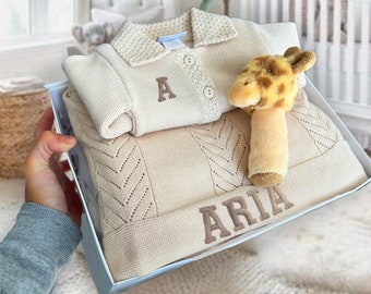 Personalised Baby Welcome home gift set, Beige Knitted Cardigan, Newborn beige cardigan, baby comforter