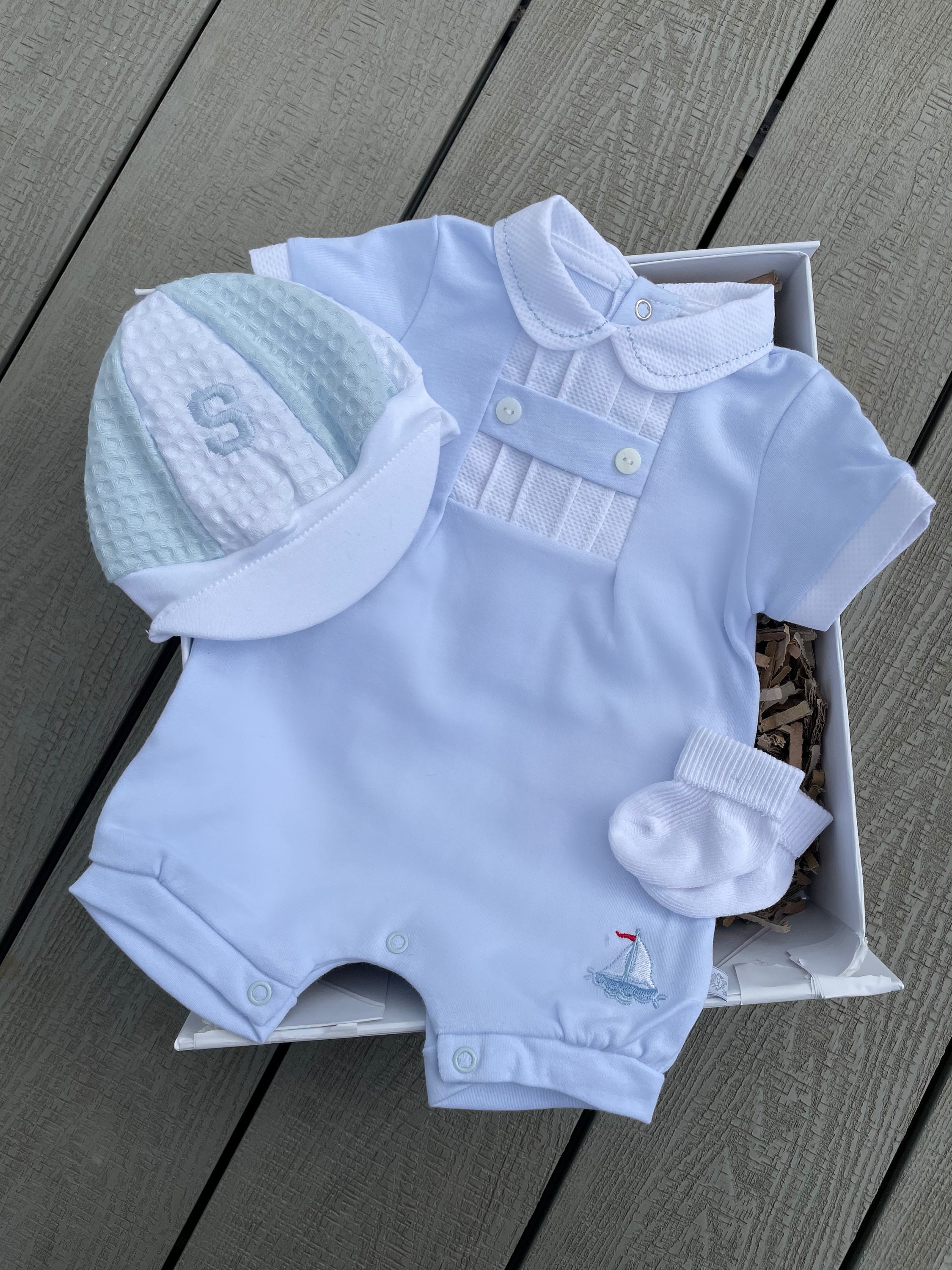 Baby Boy Blue Romper Set Personalised Hat Newborn Baby Boy Etsy