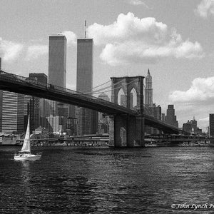 Sailing Under the Brooklyn Bridge, Sailing, Brooklyn Bridge, New York, Twin Towers World Trade Center, B&W Fine Art photography