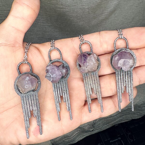 Amethyst Cluster Art Deco Inspired Electroformed Silver Plated Pendant Necklaces