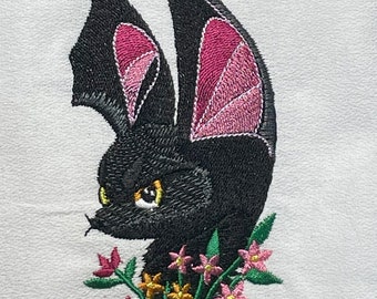 Cute Bat Floral Machine Embroidery, Yellow-Eyed Pink Ears Flying Mammal Design, Halloweenful Party Idea  PES DST Instant Download
