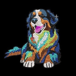 Könnte beinhalten: Stickerei eines Berner Sennenhundes mit blauem, grünem, orangefarbenem und weißem Fell. Der Hund sitzt mit herausgestreckter Zunge und lächelt.