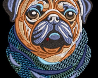 Pug Dog Portrait Blue Scarf Machine Embroidery, Pet Cute Canine For Dad Husband Boyfriend Design Gift Idea PES DST JEF Instant Download
