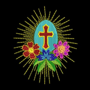 Könnte beinhalten: Eine gestickte Darstellung eines blauen Ostereis mit einem roten Kreuz darin, umgeben von bunten Blumen und einem goldenen Heiligenschein.