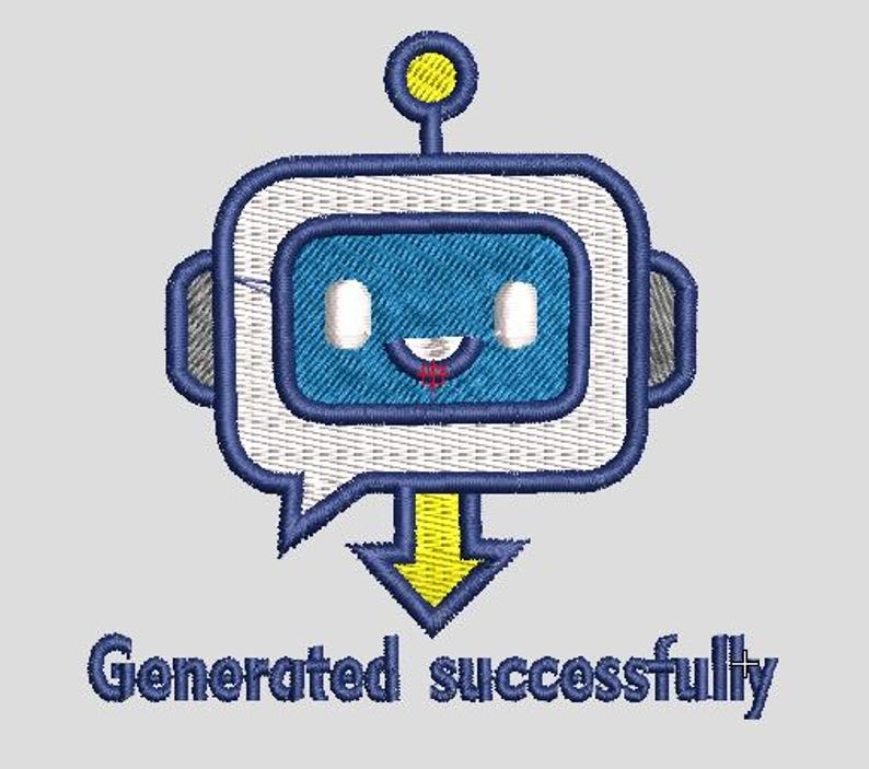 May include: Embroidered patch showing a blue and white robot with a speech bubble design. The robot has a smiling face and a yellow antenna. A yellow arrow points downwards, with the text "Generated successfully" below.