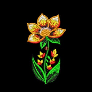 Könnte beinhalten: Gestickte Blumenmotive mit einer großen gelben Blume mit roten und weißen Akzenten und kleineren gelben und roten Blumen mit grünen Blättern.