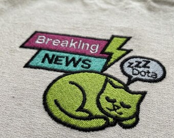 Funny Breaking News Sleeping Cat Gamer Embroidery Design, Sarcastic Machine Embroidery Pattern PES DST, Hoodie Instant Download