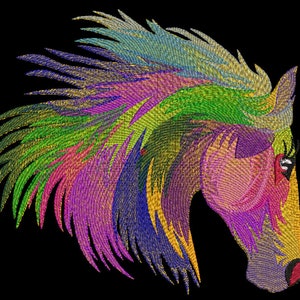 May include: A colorful embroidered horse head design with a rainbow mane and a pink nose.