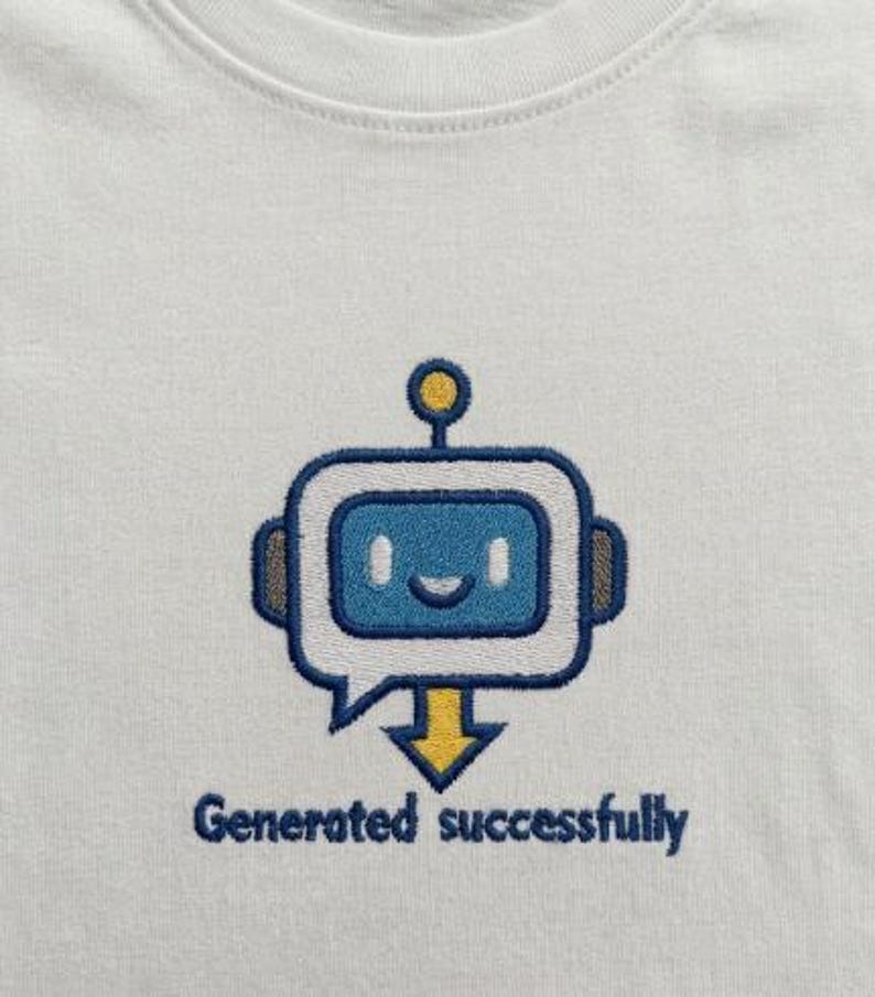 May include: White t-shirt featuring an embroidered robot design. The robot is blue and white with a yellow antenna and a smiling face. The text "Generated successfully" is embroidered in blue below the robot.