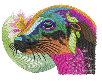 Gothic Sea Lion Water Lily Embroidery Design, Colorful Boho Mandala Machine Pattern Hoodie, PES DST JEF Instant Download