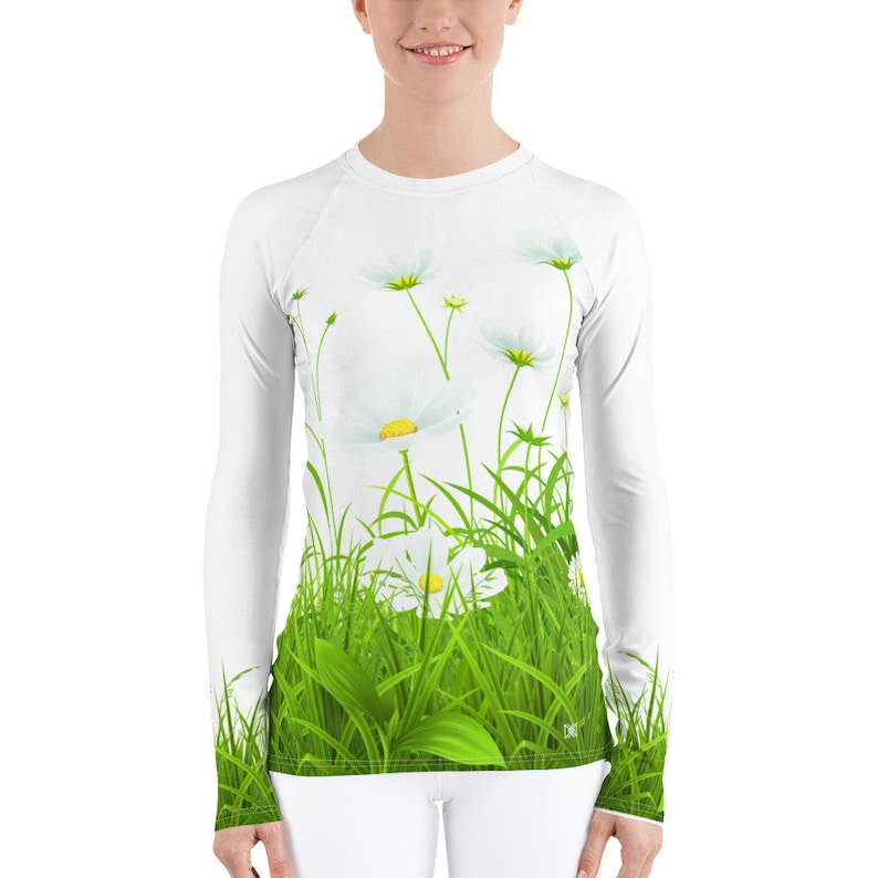 bright sports shirt with flowers print comfortable sirt for walks. protective skin with long sleeves White Rash Guard with camomiles