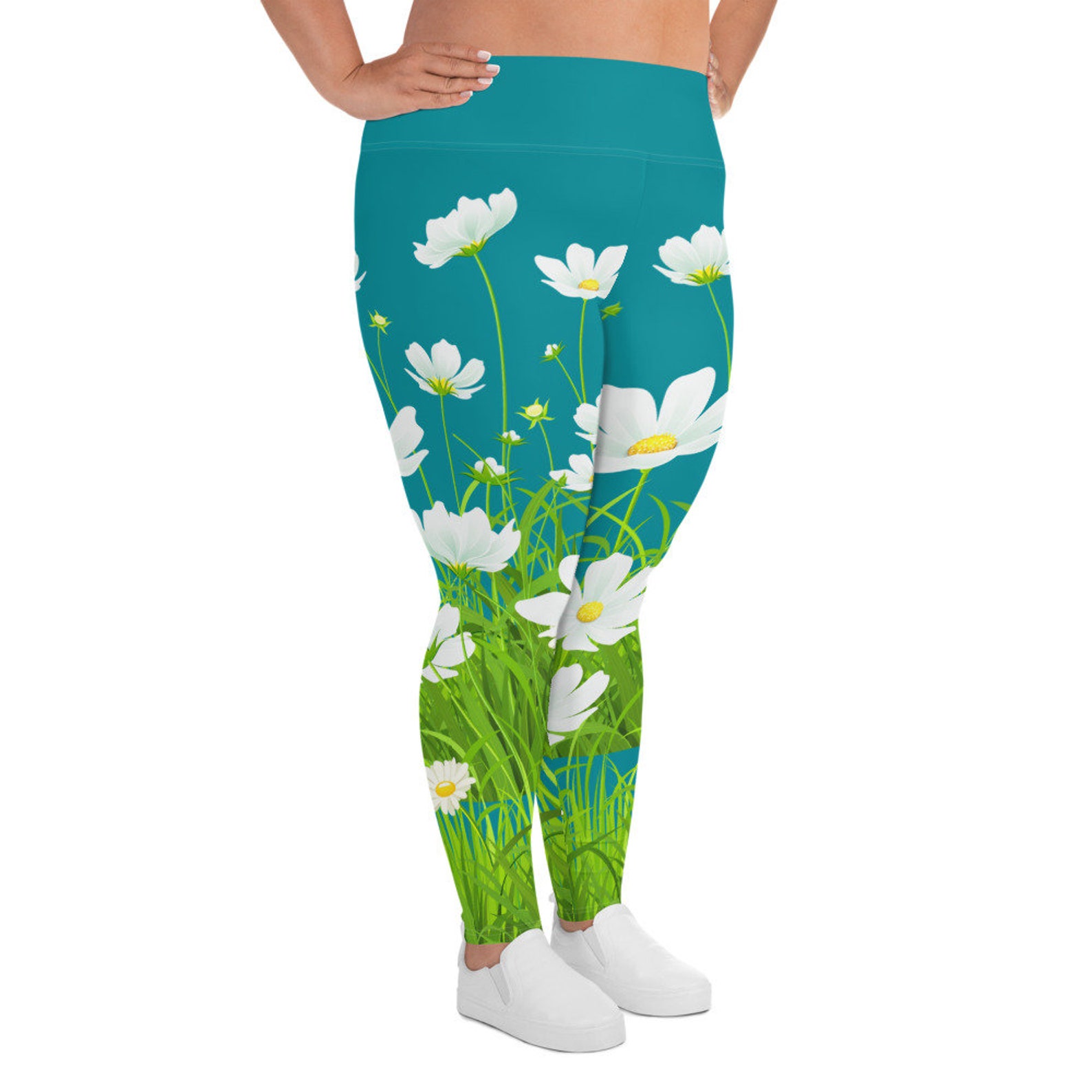 Lightblue plus size leggings with flover print and runes Etsy