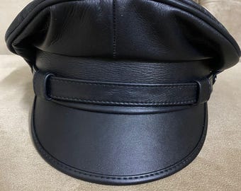 Black Genuine Leather Biker/Police-Style Peaked Cap – Muir Army-Inspired Hat