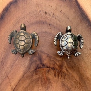 May include: Two turtle-shaped drawer pulls, one is silver and the other is brass.