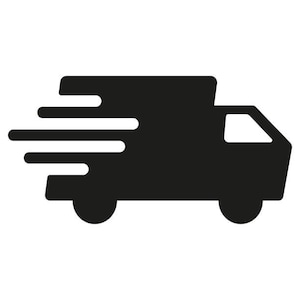 May include: Black and white silhouette of a delivery van with a speed line effect, indicating fast shipping.
