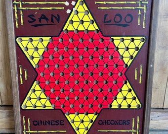 San Loo Game St Northwestern Products Co. Been Played a LOT Vintage 30s 40s Chinese Checkers Metal Frame with Marble Storage Louis Mo