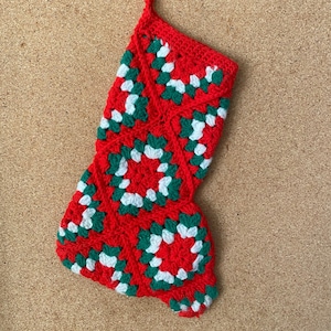Vintage Handmade 13 1/2&quot; Granny Square Christmas Stocking - Red, Green, White - Retro Holiday Decor, Crocheted Stocking