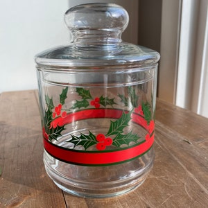 Clear Glass Holly Berry Holiday Storage Container - Christmas Cookie Jar - Snack Holder- Holiday Decor- Christmas Holiday Glassware