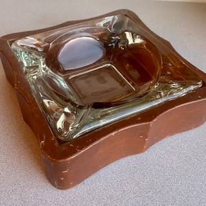 Vintage Clear Glass Square Cigar Ashtray in Square Wooden Holder - Ashtray Collectibles, Man Cave Decor, Man Gifts, Cigar Ashtray