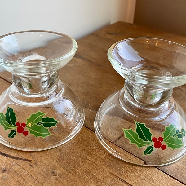 Vintage Avon Holiday Candle Stick / Votive Candle Holders - Holly and Berries Decor, Avon Collectibles, Holiday Decor, Candle Display