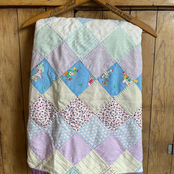 Vintage Handmade Hand Quilted Quilt/Coverlet - Cutter Quilt, Antique Farmhouse Decor, Pastel Quilt, Children’s Room Decor, Cozy Cabin