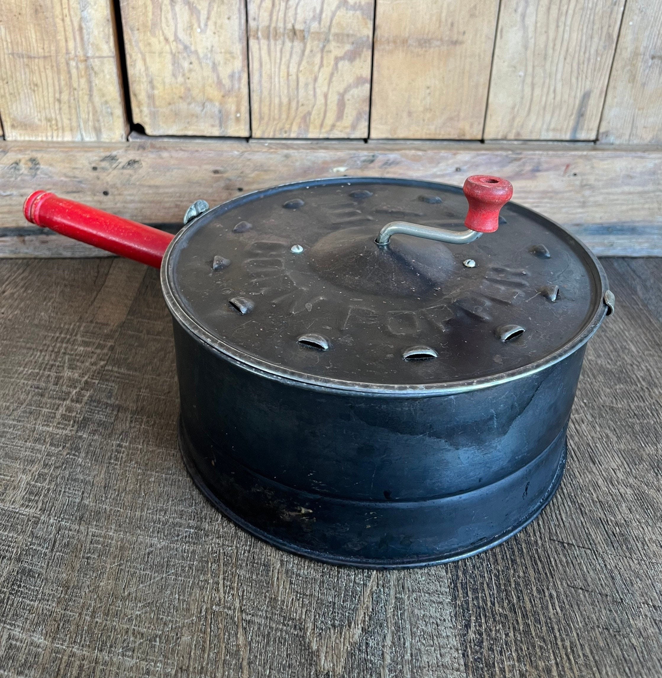 Vintage E-Z Corn Popper With Red Handle - Stovetop Popcorn