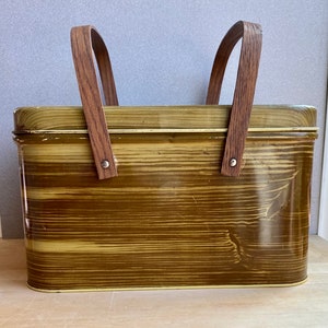 Vintage Metal Picnic Basket with Faux Wood Grain Design - Wooden Handles -Vintage Storage Tin, Vintage Picnic Basket, Vintage Outdoors