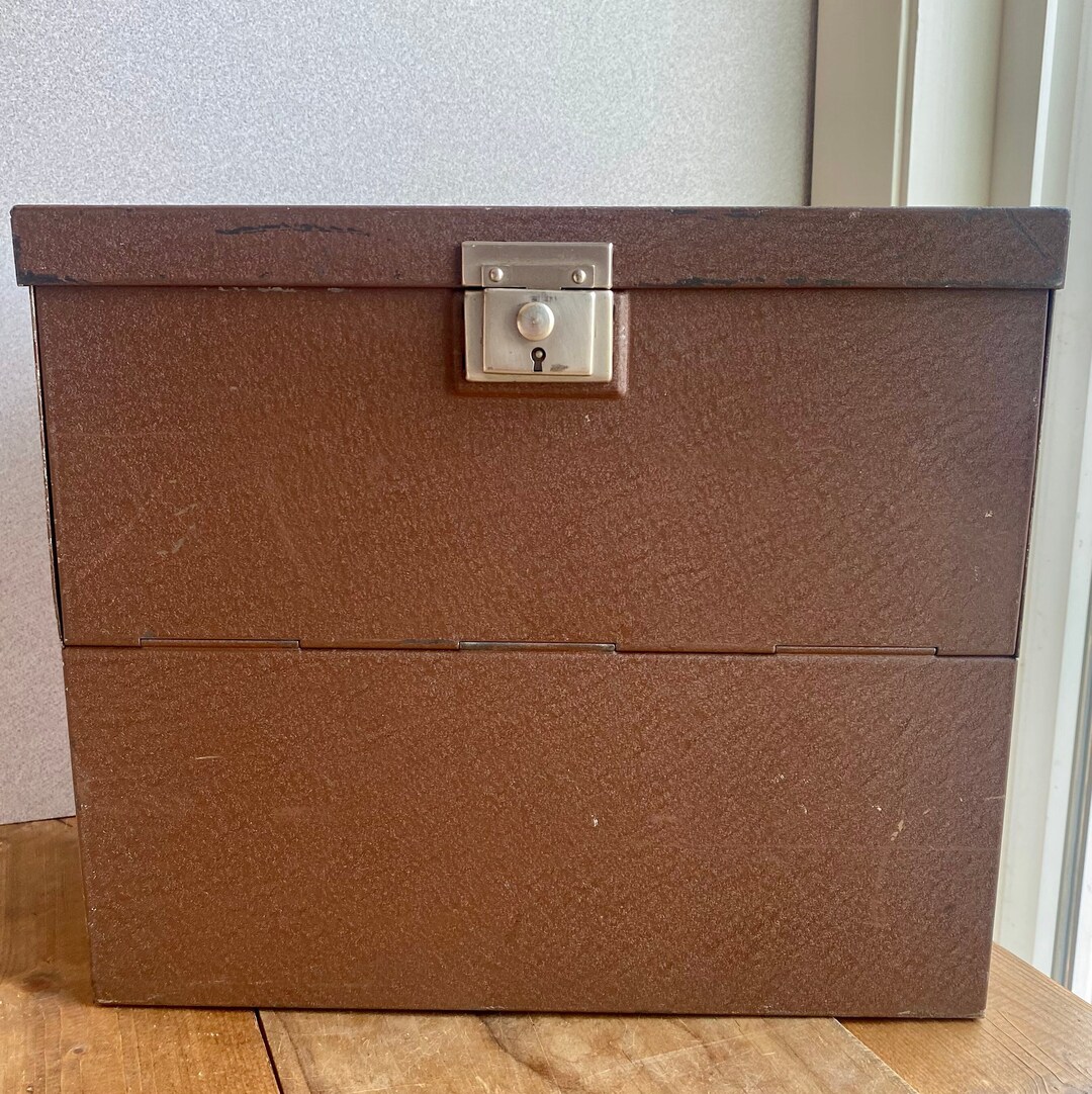 Vintage Metal File Box With Flip Top and Fold Down Side No Key Handle