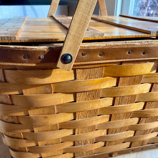 Vintage Large Wooden Picnic Basket- 2 Handled Woven Wooden Storage Basket-Wooden Storage - Lidded Basket