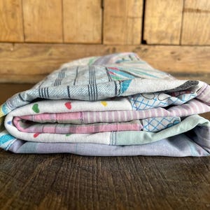 Vintage Colorful Handmade Scrap Quilt - 40" x 28" - Smurfs Pattern - Small Lap Quilt, Pet Quilt - 1980s Vintage Baby Quilt, Cutters Quilt