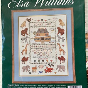 May include: Elsa Williams counted cross stitch kit featuring a sampler of Noah's Ark. The design includes pairs of animals, the ark, and an alphabet. Finished size is 16" x 20". The kit includes charted design, floss, needle, and instructions.