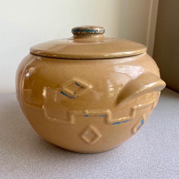 Vintage Southwestern Glazed Pottery Bean Pot with Handles and Lid - Stamp USA - Vintage Bean Pot, Vintage Cookie Jar, Pottery Composting Bin