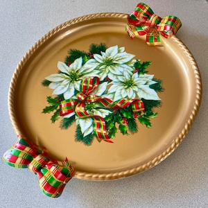 Vintage Christmas Holiday Cookie Plate/ Tray - Gold Serving Dish -  Holiday Baking - Christmas Table Decor - Poinsetta Decor -Retro Holiday