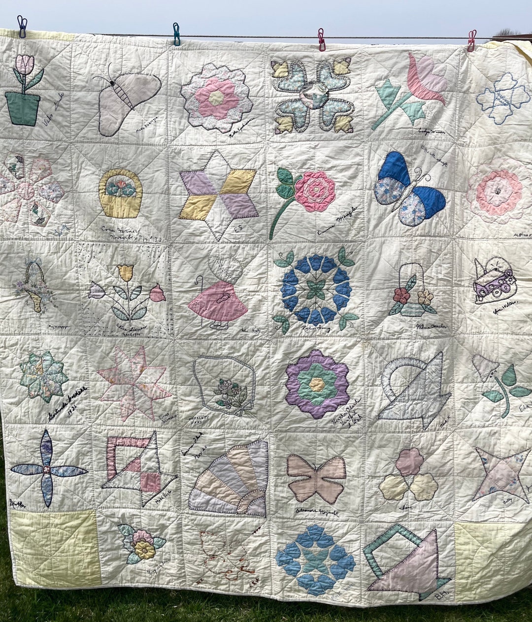 Vintage 1932 Quilters Club Group Quilt 62 X 72 Collectible Quilts, Guild Made Quilt Signed by