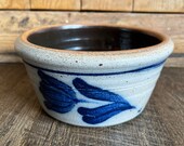 Vintage 1985 Rowe Pottery Bowl Crock with Blue Tulip - Handmade in Cambridge, WI - Vintage Pottery, Farmhouse Kitchen, Catch-all, Dog Dish