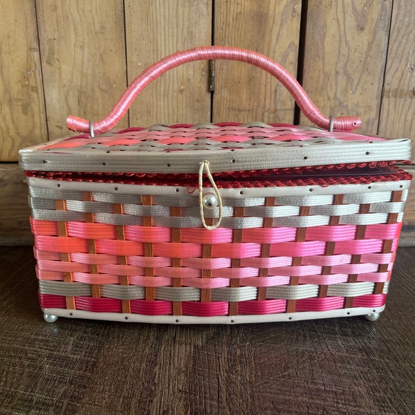 Vintage Pink and White Woven Sewing Box/Basket - Sewing Storage, Handled Basket with Cover, Pink Sewing Decor - Made in Japan