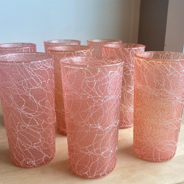 Set of 8 Vintage MCM Spaghetti String Beverage Glasses - Pink / Salmon Color - Retro Glassware - Vintage Barware - Pink Drinking Glasses