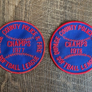 Pair of 1977/1978 Police & Fire Softball League Patches - Dupage County, IL - Vintage Patches, Softball League Uniform, Vintage Illinois