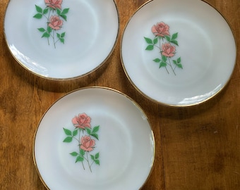 Set of 3 Gold Rimmed Anniversary Rose Milk Glass Dinner Plates - Fire King Anchor Hocking - 1960s - Vintage Fire King, Rose, Milk Glass