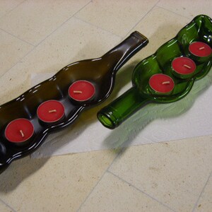 Slumped wine bottle three tea light candle holder