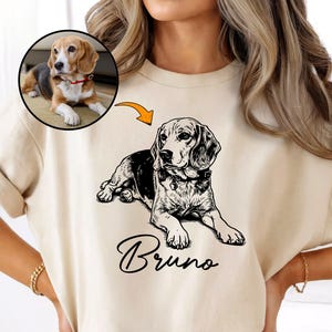 Maglietta personalizzata con ritratto di cane, t-shirt personalizzata con foto di animali domestici, disegno di cane in stile schizzo da foto, regalo personalizzato per amanti dei cani, maglietta minimalista per amanti degli animali.