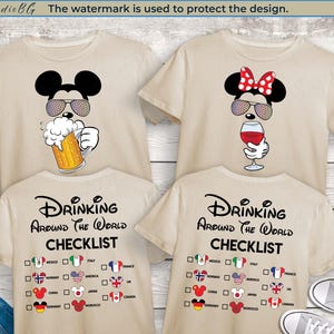 Mickey Beer Minnie Wine Epcot Festival Shirt, Epcot Drinking Around The World Shirt, Drinking Around The World Checklist Disney Couple Shirt