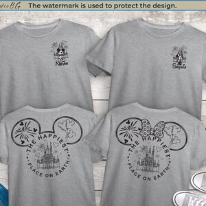 May include: Four gray t-shirts with black graphic designs. Two shirts have a Mickey Mouse and castle design on the front with names. The other two shirts have a Mickey Mouse ear design on the back with the text "THE HAPPIEST PLACE ON EARTH".
