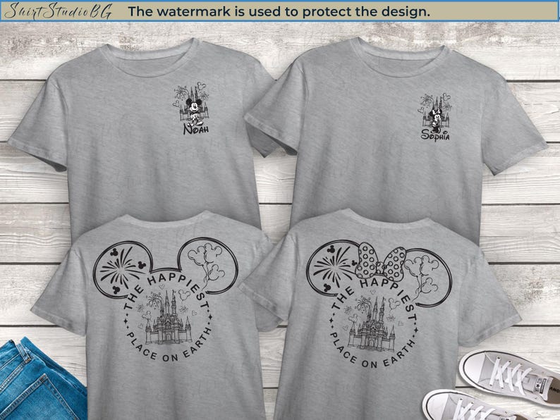 May include: Four gray t-shirts with black graphic designs. Two shirts have a Mickey Mouse and castle design on the front with names. The other two shirts have a Mickey Mouse ear design on the back with the text "THE HAPPIEST PLACE ON EARTH".