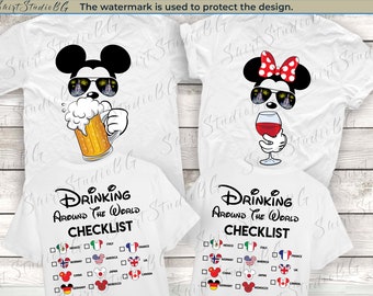 Mickey Beer Minnie Wine Front and Back, Epcot Drinking Around The World Shirt, Drinking Around The World Checklist, Disney Couple Shirts