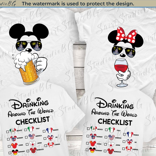 Mickey Beer Minnie Wine voor- en achterkant, Epcot drinken over de hele wereld shirt, drinken over de hele wereld checklist, Disney paar shirts