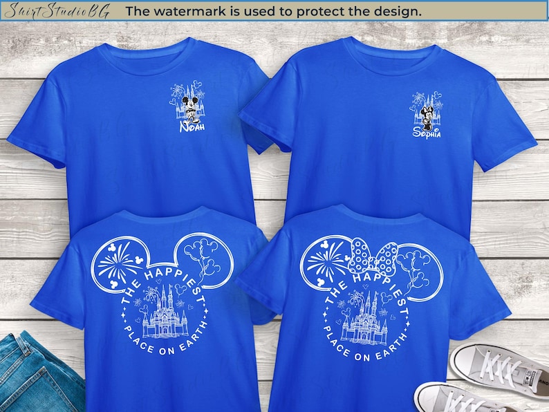 May include: Four blue t-shirts with white graphic designs. Two shirts have a Mickey Mouse and castle design with names, and the other two feature a Mickey Mouse head with the text "The Happiest Place on Earth" and a castle.