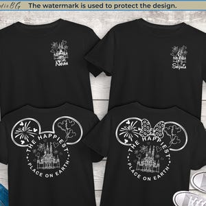 May include: Black t-shirts with white graphic designs. One shirt has "Noah" and a castle design. Another has "Sophia" and a castle design. Two shirts feature a Mickey Mouse head with "The Happiest Place on Earth" text and castle.